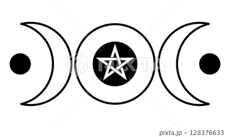 Triple Moon. Crop circle pattern, found 2025 in Wiltshire. Popular Wiccan and pagan symbol representing waxing, full and waning phase of the moon. With intertwined pentagram in the center of the moon. 128376633