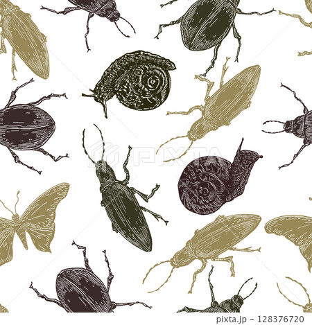 Fireflies, May beetles, and garden snails outline vector seamless pattern in muted natural tones. Bugs silhouette hand drawn on repeat background for packaging, beetles design textile, print. 128376720