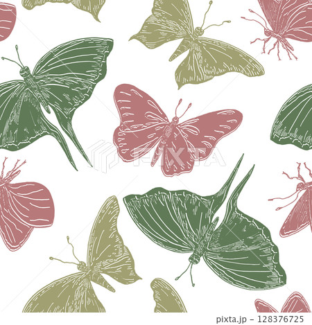 Butterflies vector Silhouette Repeated background in pastel nature colors . Butterfly Morpho, Machaon and swallowtail hand drawn on repeated background. Flying insects design for packaging, textiles. 128376725