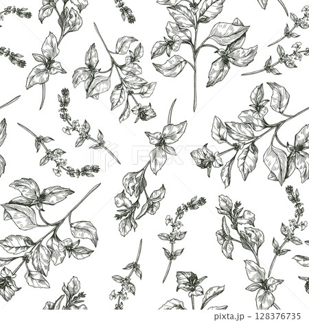 Basil herbs with sprigs and flowering top stems black and white outline vector seamless pattern. Green garden herbs, basil plants hand drawn repeat background for packaging, and botanical print. Basil herbs with sprigs and flowering top stems black and white outline vector seamless pattern. Green garden herbs, basil plants hand drawn repeat background for packaging, and botanical print. 128376735