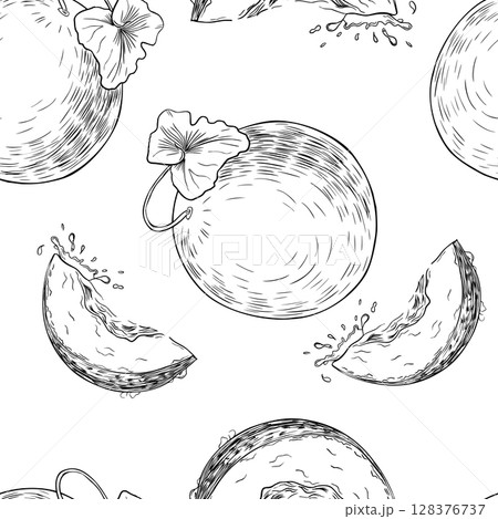 Melons outline vector seamless pattern. Muskmelon, leaf and juicy slice with drops hand drawn black white on repeat background. Round summer fruit line art sketch for packaging, sweet produce print. 128376737