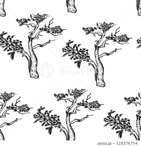 Black and white twisted pine trees vector seamless pattern. coniferous tree silhouettes repeated background in line art for designs nature prints landscape scene. Monochrome wallpaper pine graphic. 128376754
