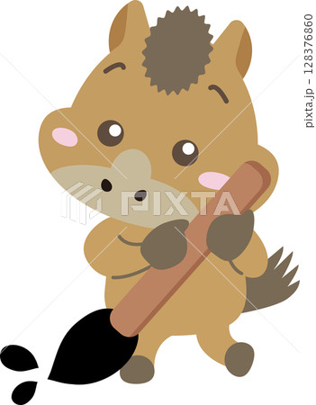 筆を大事に抱えるかわいい馬のキャラクター｜書道・年賀状・干支デザインに使えるイラスト素材 128376860