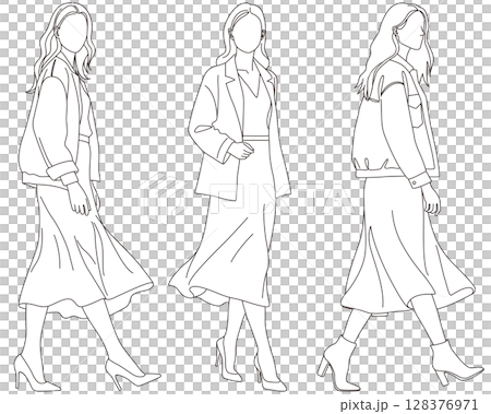歩く女性の線画イラストセット03 128376971