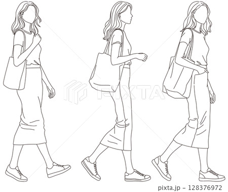 歩く女性の線画イラストセット04 128376972