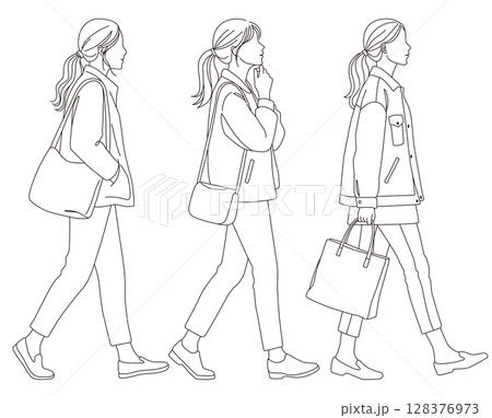 歩く女性の線画イラストセット02 128376973