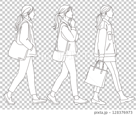 歩く女性の線画イラストセット02 128376973