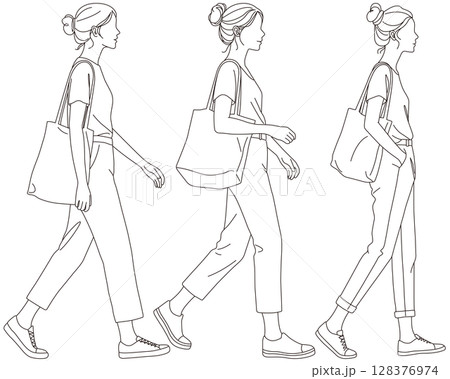 歩く女性の線画イラストセット05 128376974