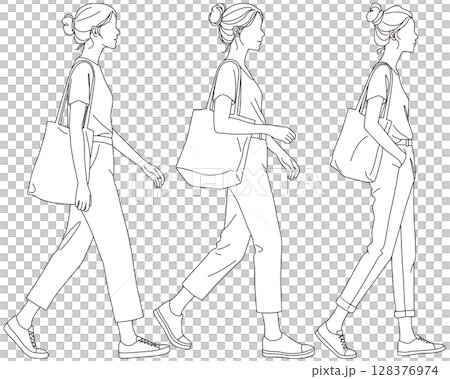歩く女性の線画イラストセット05 128376974