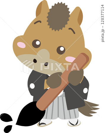 羽織袴の馬が筆を持っている年賀状向け和風キャラクターイラスト｜2026午年・書道・正月素材に 128377114