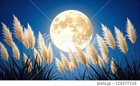 ススキとお月様の背景イラスト ススキとお月様の背景イラスト 128377128