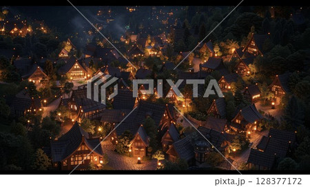 Woodland settlement with timber dwellings. Forest and the glow of the street lamps. Perfect for a fantasy role-playing map.. 128377172