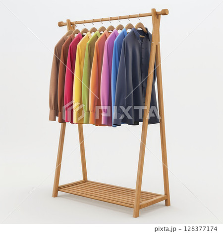 Wooden rack with colored hangers, 3D style, white background, vibrant design. Simple setup boosts fashion display. 128377174