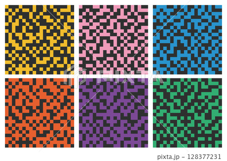 Seamless pattern set with 8 bit pixel design. Abstract pixelated art for cover, textile, print, banner, backdrop. 128377231