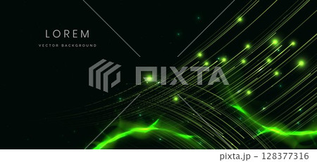 Neon green light lines with sparkle on dark green background. 128377316