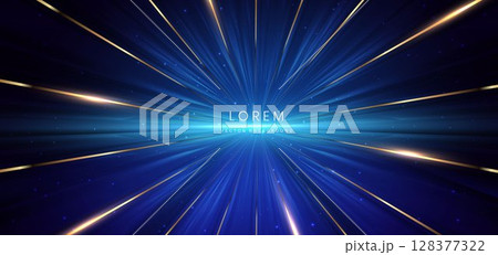 Luxury elegant gold glowing lines Rotate with lighting effect on dark blue background. 128377322