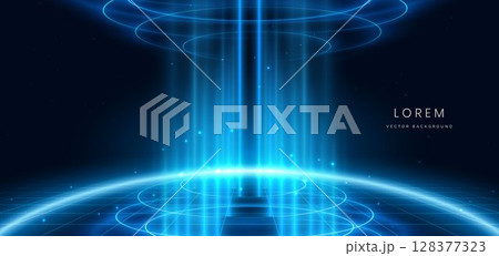 Technology futuristic neon circles swirl with blue lighting effect hi-tech communication, innovation design on dark blue background. 128377323