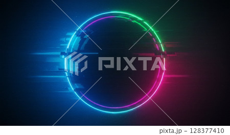 Futuristic neon glitch circle with digital elements on dark background 128377410