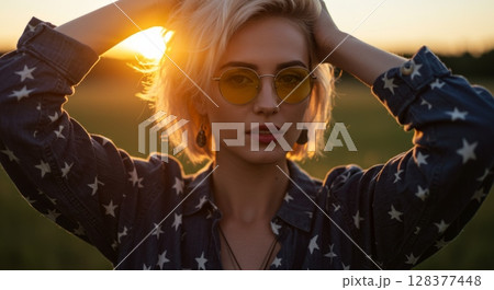 Stylish woman in sunglasses with star pattern jacket at sunset 128377448
