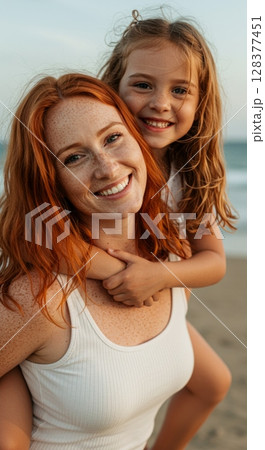 Joyful mother and daughter bonding at the beach during summer day Joyful mother and daughter bonding at the beach during summer day 128377451