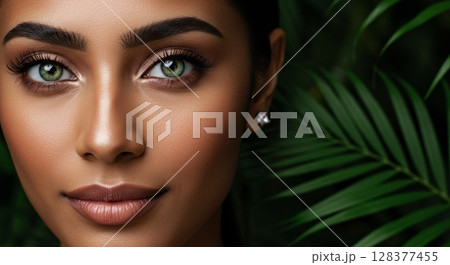 Portrait of a woman with green eyes and lush tropical background 128377455