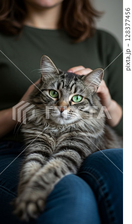 Relaxed grey tabby cat sitting on person's lap in cozy home setting 128377456