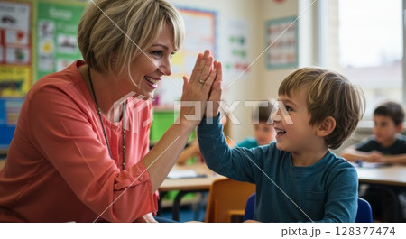 Teacher and young student high-fiving in classroom setting 128377474