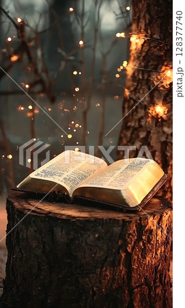 A book is open on a log, with a tree in the background A book is open on a log, with a tree in the background 128377740