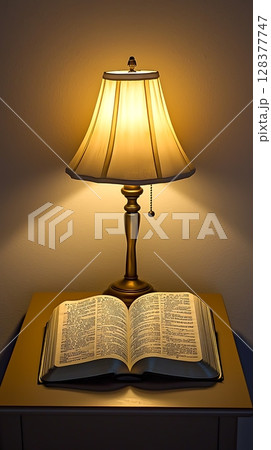 A lamp is lit up next to an open book 128377747