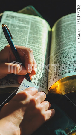 A person is writing in a book with a pen 128377762