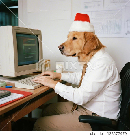 パソコンを操作する犬 128377979