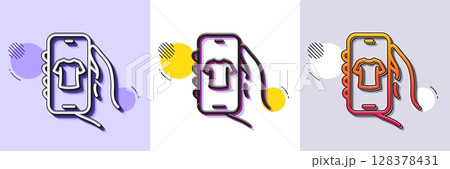 Shop app line icon. Halftone dotted pattern. Gradient icon with grain shadow. Hand hold phone sign. Cellphone with screen notification symbol. Line shop app icon. Various designs. Vector 128378431