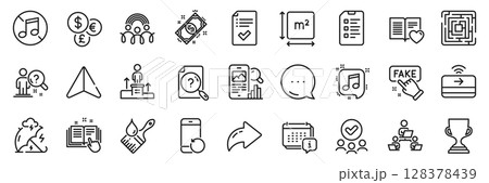 Approved checklist, No music and Award cup line icons pack. Share, Message, Paper plane icons. Inclusion, Fake information, Technical documentation web icon. Vector Approved checklist, No music and Award cup line icons pack. Share, Message, Paper plane icons. Inclusion, Fake information, Technical documentation web icon. Vector 128378439