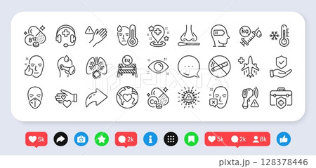 Insurance hand, Eu close borders and Nasal test line icons pack. Social media: share, comment, like icons. Healthy face, Calcium mineral, Electronic thermometer web icon. Vector 128378446