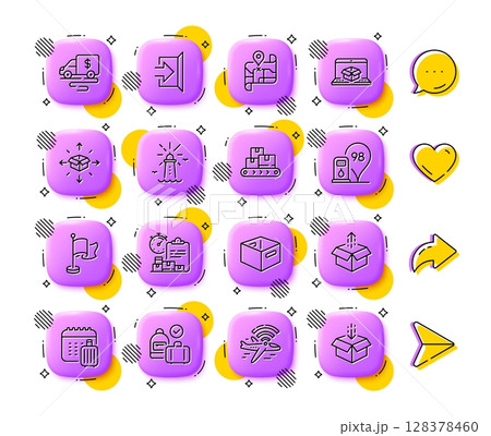 Carry-on baggage, Parcel delivery and Lighthouse line icons. App 3d buttons. Social media comment, share, like icons. Pack of Exit, Cash transit, Baggage calendar icon. Vector Carry-on baggage, Parcel delivery and Lighthouse line icons. App 3d buttons. Social media comment, share, like icons. Pack of Exit, Cash transit, Baggage calendar icon. Vector 128378460