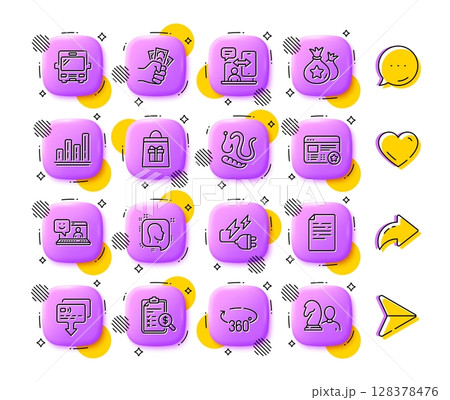 Electricity plug, Smile and Holidays shopping line icons. App 3d buttons. Social media comment, share, like icons. Pack of Favorite, Worms, Accounting report icon. Vector 128378476