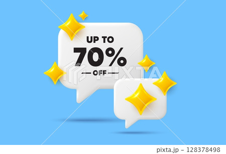 Discount tag chat speech bubble. Social media concept. Up to 70 percent off sale. Discount offer price sign. Special offer symbol. Save 70 percentages. 3d sparkles chat bubble. Vector 128378498