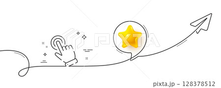 Hand cursor line icon. Continuous line with share plane. Click action sign. Finger pointer symbol. 3d star in speech bubble. Cursor single line ribbon. Loop curve pattern. Vector 128378512