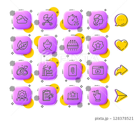 Best laptop, Video content and Breathable mattress line icons. App 3d buttons. Social media comment, share, like icons. Pack of Baby carriage, Megaphone checklist, Insomnia icon. Vector 128378521