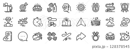 Bike path, Sports arena and Timer line icons pack. Share, Message, Paper plane icons. Yoga, Winner star, Empower web icon. Dumbbells, Cardio training, Reward pictogram. Vector 128378545