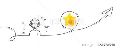 Consultant service line icon. Continuous line with share plane. Call center sign. Feedback symbol. 3d star in speech bubble. Consultant single line ribbon. Loop curve pattern. Vector Consultant service line icon. Continuous line with share plane. Call center sign. Feedback symbol. 3d star in speech bubble. Consultant single line ribbon. Loop curve pattern. Vector 128378546