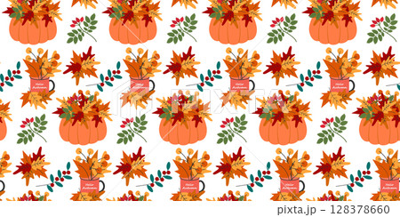 Pumpkins and Mug with Hello Autumn Text and Autumn Leaves Composition Seamless Pattern Banner Format 128378660