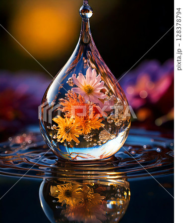 Single drop of water, Inside the drop, on which flowers are reflex. AI Generated. 128378794