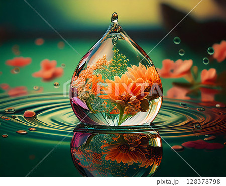 Single drop of water, Inside the drop, on which flowers are reflex. AI Generated. 128378798