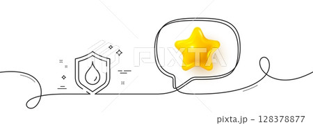 Water resistant line icon. Continuous line with 3d star. Waterproof shield sign. Drop protection symbol. 3d star in speech bubble. Waterproof single line ribbon. Loop curve pattern. Vector 128378877