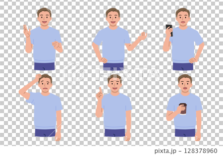 Tシャツ男性のカジュアル日常シーン6点 128378960