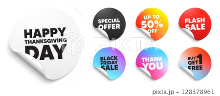 Happy thanksgiving sticker tag. Special offer paper price tags. Happy thanksgiving tag. Happy family holiday message. Autumn thank you day. Discount, black friday sticker. Promo banner. Vector Happy thanksgiving sticker tag. Special offer paper price tags. Happy thanksgiving tag. Happy family holiday message. Autumn thank you day. Discount, black friday sticker. Promo banner. Vector 128378961