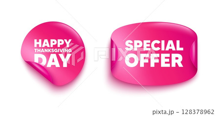 Happy thanksgiving sticker banner. Paper price label. Happy thanksgiving tag. Happy family holiday message. Autumn thank you day. Paper sticker with message. Offer label banner. Vector Happy thanksgiving sticker banner. Paper price label. Happy thanksgiving tag. Happy family holiday message. Autumn thank you day. Paper sticker with message. Offer label banner. Vector 128378962