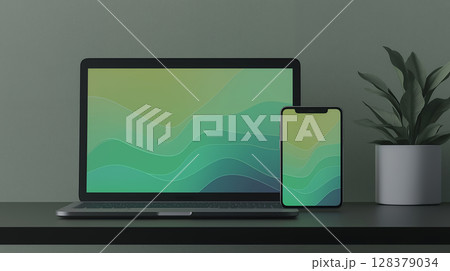 パソコンとスマホに映る鮮やかなデジタルアートのモックアップ構図 128379034