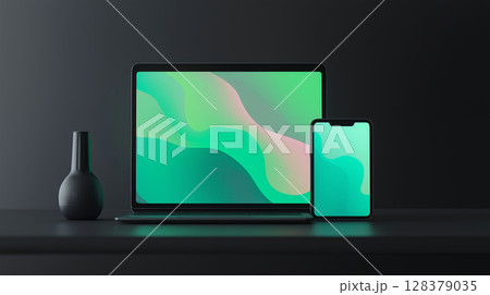 パソコンとスマホに映る鮮やかなデジタルアートのモックアップ構図 パソコンとスマホに映る鮮やかなデジタルアートのモックアップ構図 128379035